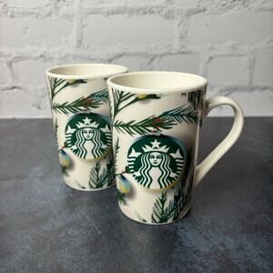 Set of 2 2020 Starbucks Christmas Mugs Tree Branches Ornaments Lights 11 oz